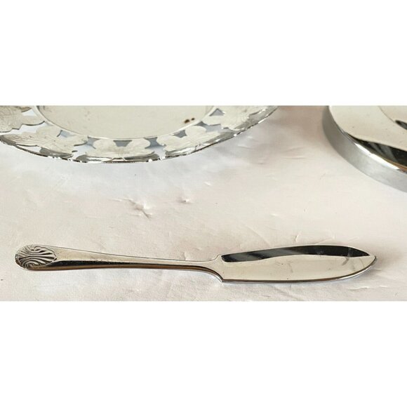 Vintage Glass Butter Dish Jam Jar Sugar Bowl w Lid Tray & Spreader Chrome Plated - Picture 8 of 11